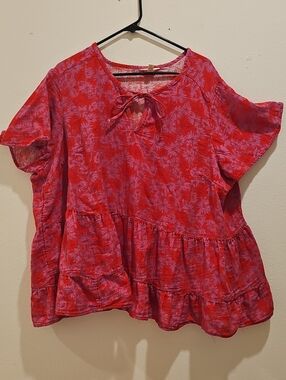 Terra & Sky Red Floral Tie-Front Peplum Blouse